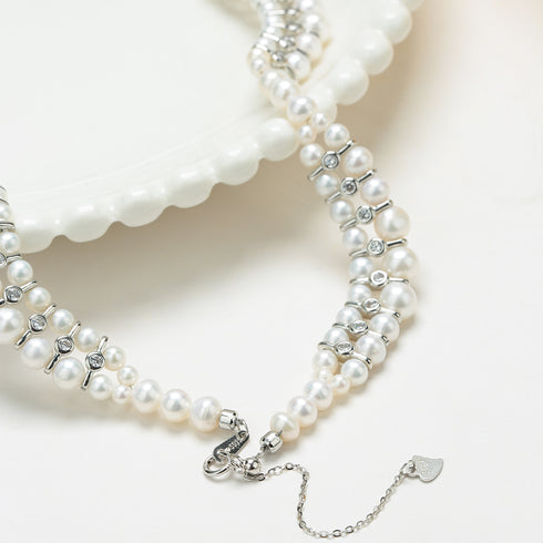 Handwoven Dual Strand Pearl Zirconia Necklace - House Of Pearls